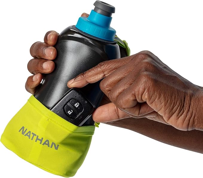 Nathan Running Handheld Water Bottle Adjustable No-Grip Quick Squeeze Lite Hand Strap. 12 oz Insulated Water Bottle. Reflective Hydration
