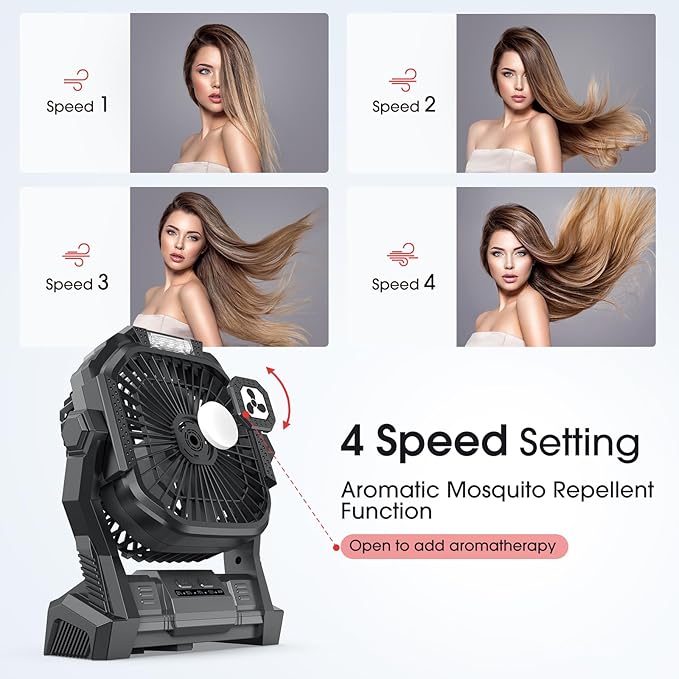 ONLYNEW Portable Fan Rechargeable, 20000mAh Cordless Battery Powered Fan with LED Lantern, USB C Battery Operated for Travel Bedroom Home Camping Tent Office Beach Desk Fishing Table (Black)