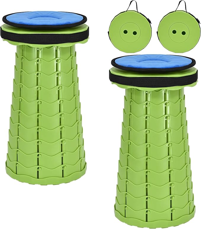 2 Pack Upgraded Collapsible Stool with Cushion, Thickened Retractable Folding Stool Max Load Capacity 400lbs, Portable Telescoping Stools for Camping Fishing Outdoor Hiking BBQ -Green