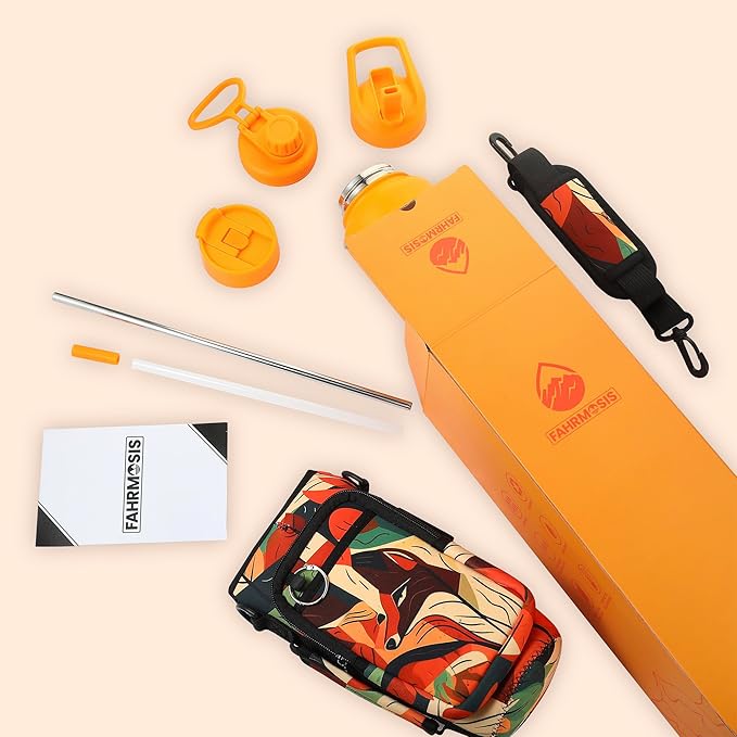 40 Oz Water Bottle with Strap Stainless Steel Sports Water Bottle with 3 Lids (Straw, Chug and Flip Lid) Insulated Leak Proof Metal Jug for Men & Women - Orange Fusion (Pattern)