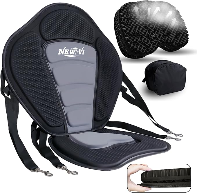 NEW-Vi Deluxe Kayak Seat with Gel Cushion & Storage Bag - Padded Ergonomic Backrest for Kayak, Canoe, SUP, Fishing Boat - Anti-Slip & Waterproof