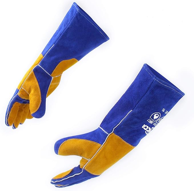 RAPICCA Welding Gloves Fire Heat Resistant: Blue 16IN 932℉ - Fireproof Leather For Stick Mig Flux-Core Welder Forge Blacksmith Fireplace Wood Stove Fire Pit Grill Oven Furnace Handling Dry Ice