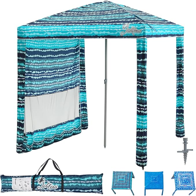 Beach Cabana, 6.2'×6.2' Beach Canopy with Side Wall, UPF 50+ UV Protection Easy Setup Tent Sun Shelter with Sand Pockets for Whole Family (Green Stripes)