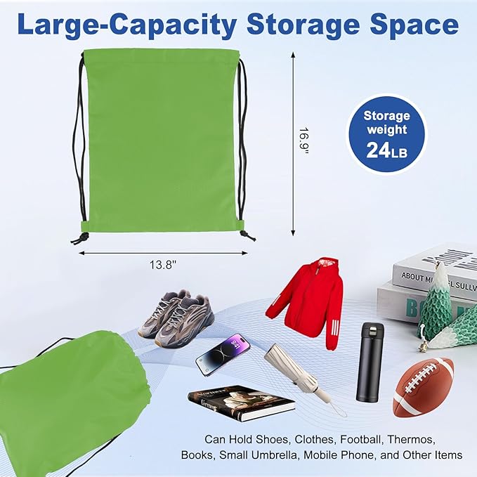 2-Pack Waterproof Drawstring Backpacks, Soccer-Texture Oxford Fabric, 16.9" × 13.8", Lightweight 0.19 lb Each, No Eyelets, Gym & Marathon Gear Sacks(Green)