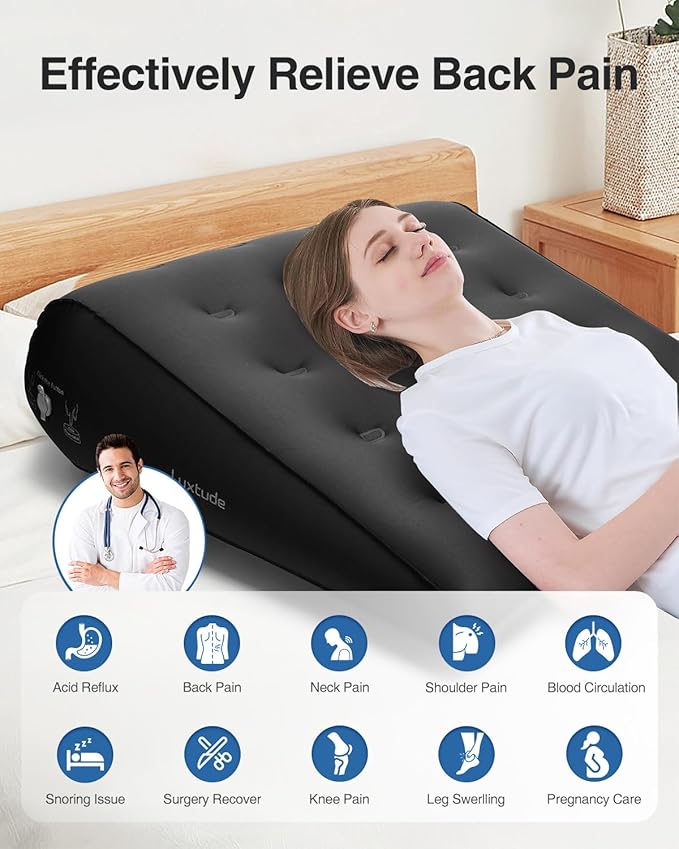 Luxtude Inflatable Wedge Pillow for Sleeping, Travel Wedge Pillow for Back Pain Relief, Knee Leg Elevation Support, Inflatable Bed Pillows for Sleeping, Back Support for Sitting Up-Black