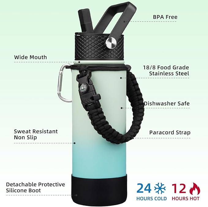 BJPKPK Insulated Water Bottle with Straw Lid, 22oz Thermo Water Bottles with 3 Lids, Paracord Handle & Non-slip Boot, BPA Free Leak Proof Stainless Steel Tumblers, Cups,Mint
