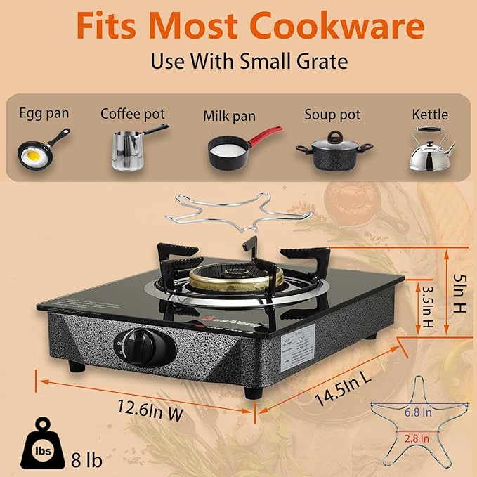 Propane Stove 1 Burner Gas Stove, 14500 BTU High-Efficiency Auto Ignition Tempered Glass LPG Cooktop with CSA Regulator and Hose – for Outdoor Camping, RV, and Emergency Cooking