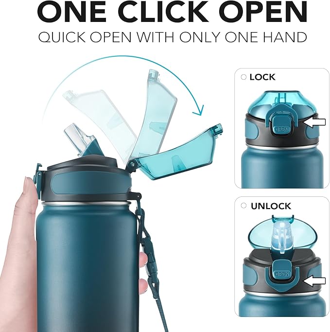 Enerbone 32 oz Insulated Water Bottle, Stainless Steel Bottle with Carrying Strap, Double-Wall Vacuum Insulation Design, Leakproof Sports Bottle with Straw, Keep Drinks Cold or Hot for Hours