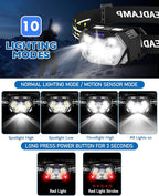 Lsnisni 9 LED Rechargeable Headlamp 2 Pack, 2000 Lumen Super Bright 10 Modes Motion Sensor Head Lamp with White Red Light, Waterproof Headlight Flashlight with USB C Cable for Camping Hiking Fishing