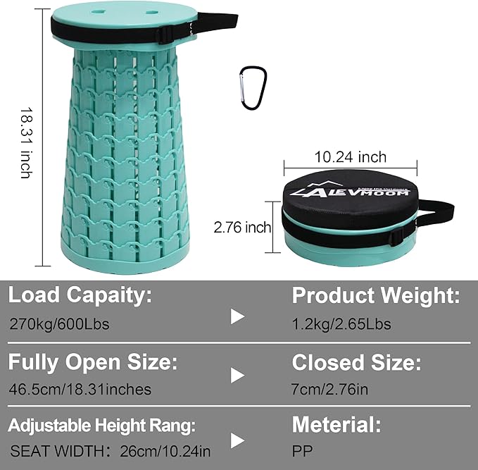 ALEVMOOM Upgraded Collapsible Stool with Cushion,600LBS Max Weight,18.31" Height Adjustable,Sturdy Portable Telescoping Stool,Folding Camping Stool for Outdoor Hiking Travel