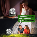 20000mAh Camping Fan, Rechargeable Battery Operated with 360° Rotatable Hook, 400 Lumes Light, 270° Pivot, 4 Speeds, 58Hrs Battery Powered Fan for Outdoor Tent Car Trip BBQ Hurricane Power Outages