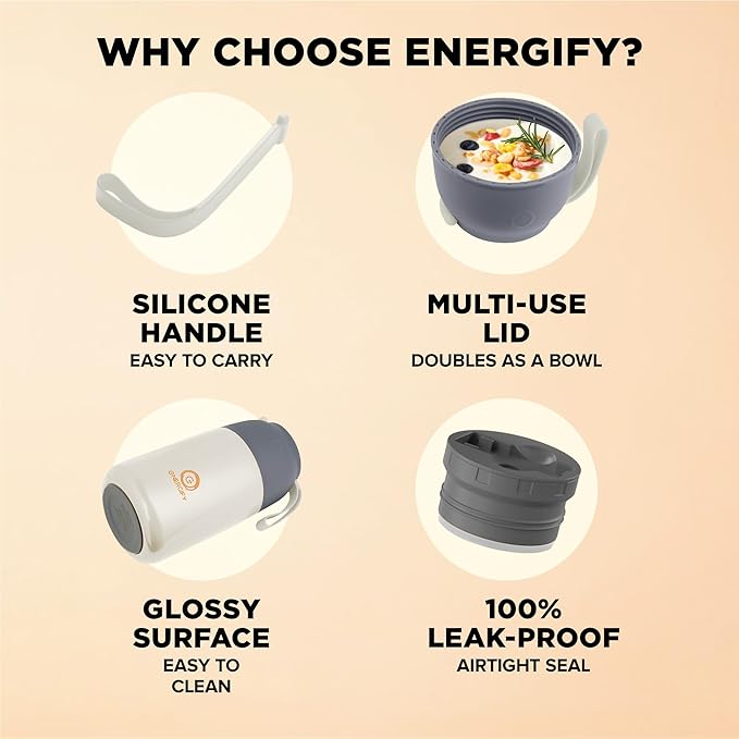 ENERGIFY Vacuum Insulated Food Jar. Large 24oz Bowl incl. Folding Spoon, Cup. Wide Mouth Keep Hot & Cold Drinks Soup Lunch Container for Adults. BPA-Free Stainless Steel, Leak Proof, Cream