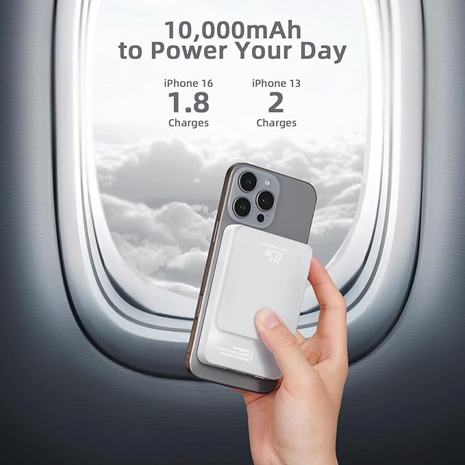 Magnetic Power Bank, 10000mAh Magnetic Portable Charger, 22.5W Wireless Power Bank, USB-C Fast Charging, LED Display Magnetic Battery Pack, Compatible for iPhone 17/16/15/14/13 Pro/Pro Max/Plus(White)