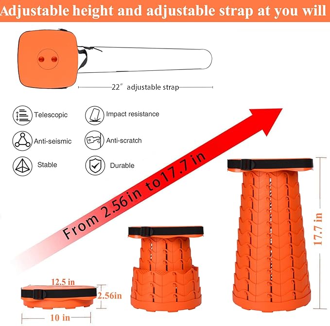 Fishboy Upgraded Square Collapsible Stool, 400lbs Max Weight, Lightweight But Sturdy, Portable Retractable Folding Telescoping Foldable Camping Stool for Adults Outdoor Fishing Hiking Travel BBQ