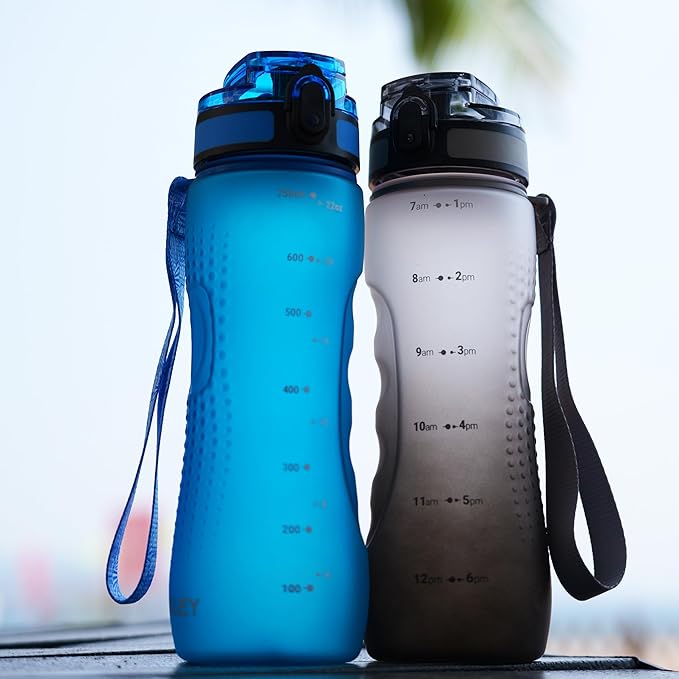 OLDLEY 25 oz Water Bottle, Motivational Water Bottle with Time Marker, Sports Water Bottle With Strap, Leakproof & BPA Free Large Water Bottles for School, Gym, Travel, Outdoor, Tritan,White&Black