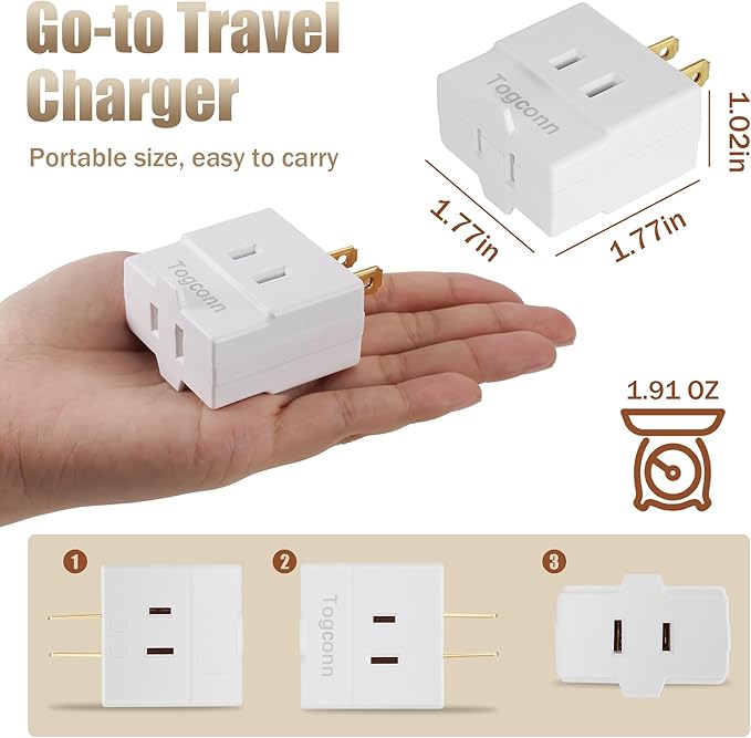 2-Prong 3-Outlet Polarized Wall Extender 2 Pack - Multi Plug Splitter Converter With 3 Side Outlets, Spaced Adapter for Old Home, Hotel - Non-Ground, White