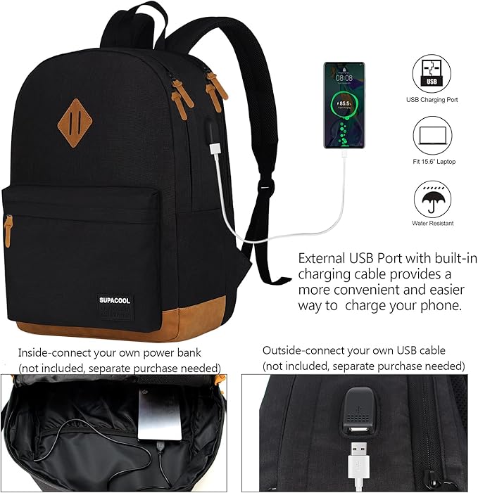 SUPACOOL Casual Laptop Backpack, Lunch bag, Pencil bag, School backpack with USB Port for Men and Women, Bookbag for Boys and Girls, Backpack Set(3PCS Black)