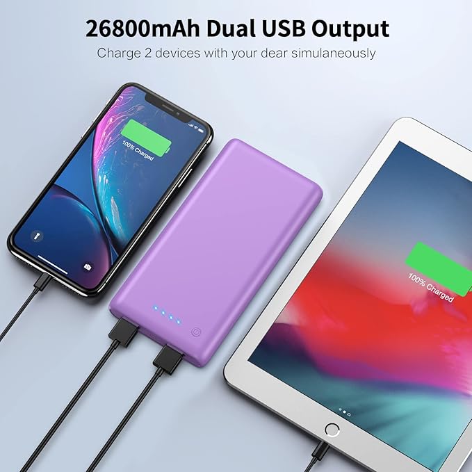 Portable Charger Power Bank 26800mah Ultra-High Capacity External Cell Phone Battery Pack,2 USB Output High Speed Charging Power bank Compatible with iPhone 16 15 14 13 12 Samsung Android LG-Purple