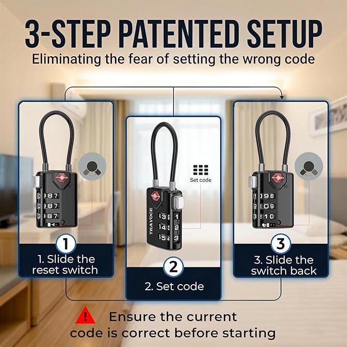 TRAVOCE TSA Approved Luggage Locks - Heavy Duty 3 Digit Combination Cable Lock, Search Alert for Suitcases, Backpacks, Golf Bags, Tents, Violin and Camera Cases, 4 Pack, Black
