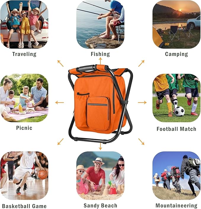 Kikerike Backpack Stool Cooler Chair Heavy Duty 400 LBS Max Load Portable Lightweight Stool Backpack Folding Fishing Cooler Seat for Camping Hunting Fishing - Orange