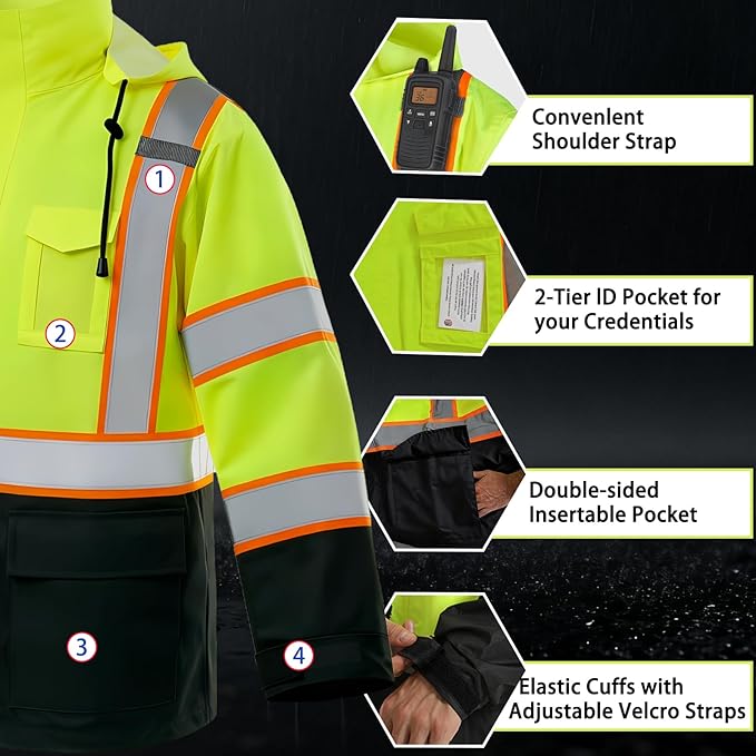 High Vis Reflective Safety Rain Jacket for Men, Class 3 Hi Vis Rain Gear for Construction Workers (Yellow-Black,L/XL)