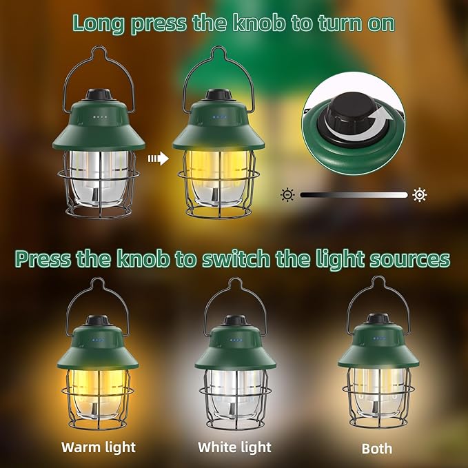 Rechargeable LED Camping Lantern, Mini Retro Portable Waterproof Lantern, 1000LM, 3 Light Modes (2700-6500K) Stepless Dimming Brightness, Hanging Tent Light for Camping, Power Outages