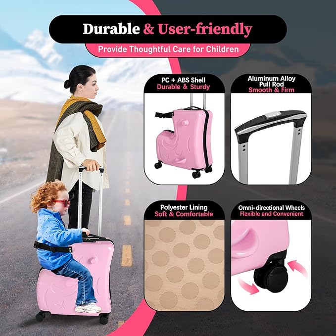 20" Ride-On Travel Suitcase for Kids, Toddler Carry on Luggage with Wheels, Children Travel Rolling Trolly Luggage with Password Lock, Children's Ride On (Pink)