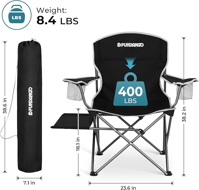 FUNDANGO Folding Camping Chair with Table, 2 Pack Portable Heavy Duty Outdoor Padded Chairs for Adults with Cup Holders for Lawn Beach Picnic Outside Travel (Black)