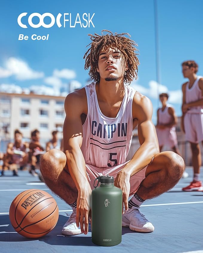 Coolflask 128 oz Gallon Water Bottle Insulated with Straw&3 Lids, Water Jug Large Stainless Steel Metal Vacuum Wide Mouth for Sports, Gym or Office, Non-BPA Keep Cold 48H Hot 24H, Dark Green