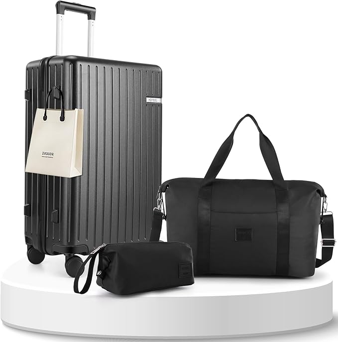 Hoteel Spinner Luggage Sets 3 Piece Carry on Luggage with TSA Lock for Men and Women (4-YEAR WARRANTY), ABS+PC Hard Shell Rolling Carry-on Suit Case for Plane, Travel, Business, Black (20in/DB/TB)