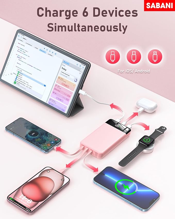 SABANI Portable Charger 35000mAh Power Bank - Portable Battery with 4 Built in Cables, 22.5W Fast Charging Battery Pack Compatible with iPhone 16 15 14 13 Samsung Android Phone etc (1 Pack, Pink)