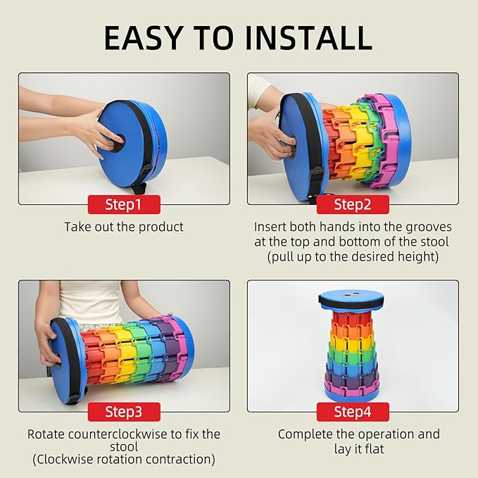 Upgraded Collapsible Stool - Adjustable Height (2.3"-17.3") -Second Fold, Portable Heavy Duty Folding Stool for Adults, 600lb Capacity - Compact to-Go Camping, Fishing, Outdoor Seat (Black)