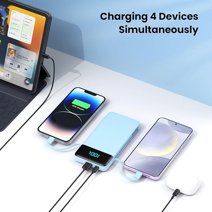 Portable Charger for iPhone with Built in Cables and Wall Plug,Upgraded 13800mAh Fast Charging USB C Power Bank,4 Outputs Travel Essential Battery Pack Compatible with iPhone 15/14/13/12,-Light Blue