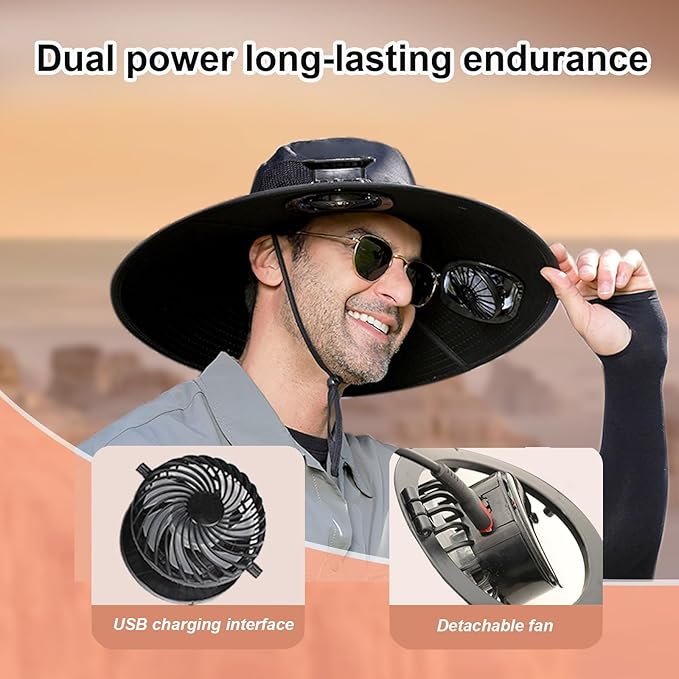 Solar Fan Hat with Removable Dual Fans – Wide Brim Cooling Cap with USB & Solar Charging, 3-Speed Adjustable, Black, One Size for Men & Women