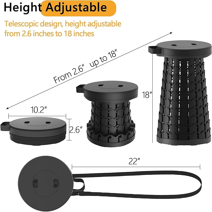 ALEVMOOM 2025 18" H Collapsible Stool Capacity 600lbs Portable Stools for Adults Heavy Duty, Adjustable Height Telescoping Folding Stool, for Outdoor Camping Travel Hiking Fishing