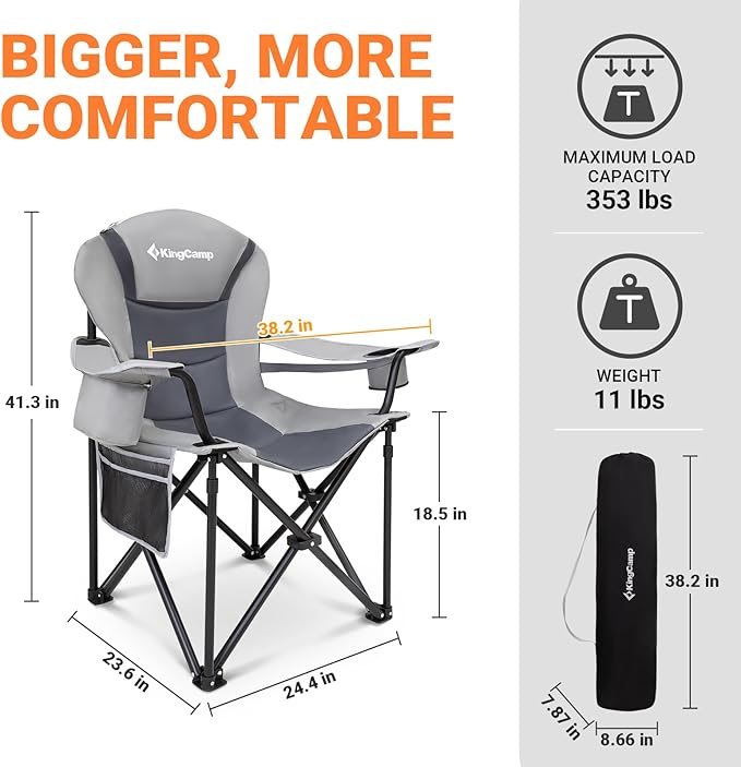 KingCamp Oversized Camping Folding Chair with Lumbar Support, Heavy Duty Ergonomic Padded Arm Chair with Cooler Bag, Cup Holder, Portable for Outdoor