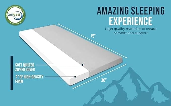 Foamma 4" x 30" x 75" High Density Roll-Up Camping Mattress with Water Resistant Zipper Cover, Foldable and Portable for Camping, RV Bunk, Tent, Guest Bed, Outdoor and Dorm, CertiPUR-US Certified Foam