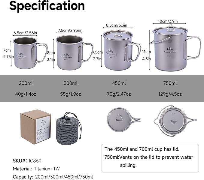 iClimb Titanium Cup Camping Coffee Mug Ultralight Compact with Foldable Handle (450ml)