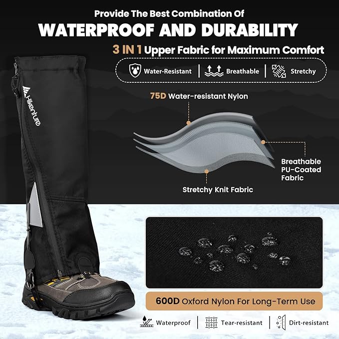 Hikenture Hiking Gaiters with Upgraded Zipper, Gaiters for Hiking Waterproof, Lightweight Leg Shoe Gaiters for Men Women