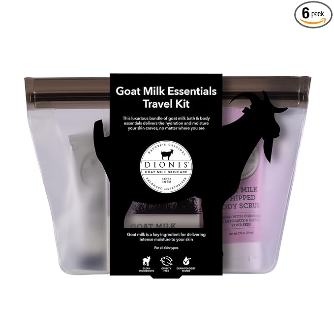 Dionis Goat Milk Lavender Blossom Hand Cream, Body Lotion, Whipped Body Scrub, Shave Butter, Bar Soap 6 oz & Carrying Case 6-Piece Travel Set