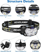 2000LM Ultra Bright 9 LED Headlamp, USB C Rechargeable Headlight, 10 Modes, Waterproof Motion Sensor Head Lamp Flashlight with White Red Light, Adjustable Headband for Adults Outdoor Hiking