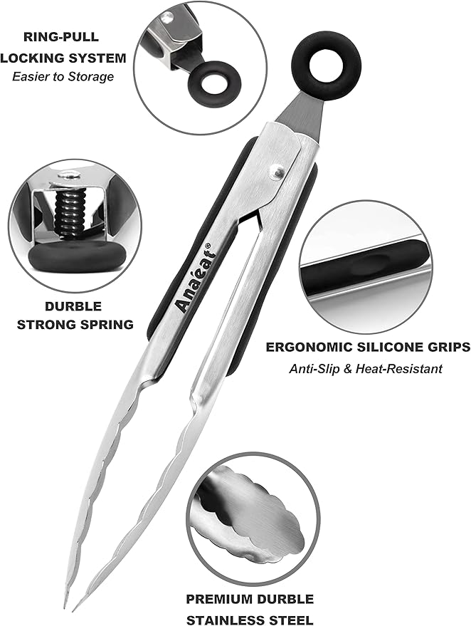 Anaeat 3 Pack 7" Mini Stainless Steel Cooking Tongs - Sturdy Coiled Spring Locking Kitchen Food Tong with Non-Slip Silicone Grip for Serving, Cooking, Baking - Heat Resistant up to 480°F (Black)