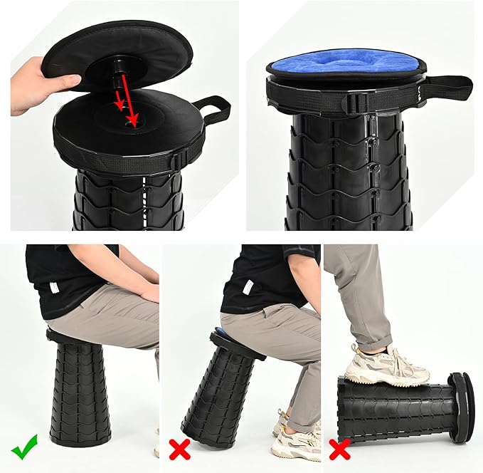 2 Pack Upgraded Collapsible Stool Folding Stool with Cushion,Retractable Folding Stool Max Load Capacity 400lbs, Portable Telescoping Stools for Camping Hiking Outdoor BBQ -Black