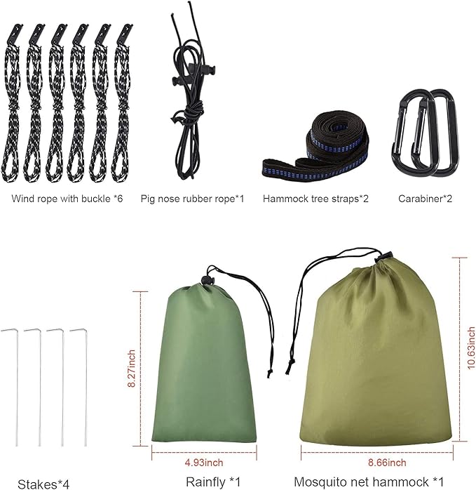 Camping Hammock with Rain Fly Tarp and Mosquito Net Tent Tree Straps, Portable Single Double Nylon Parachute Hammock Rainfly Set for Backpacking Hiking Travel Yard Outdoor Activities Green