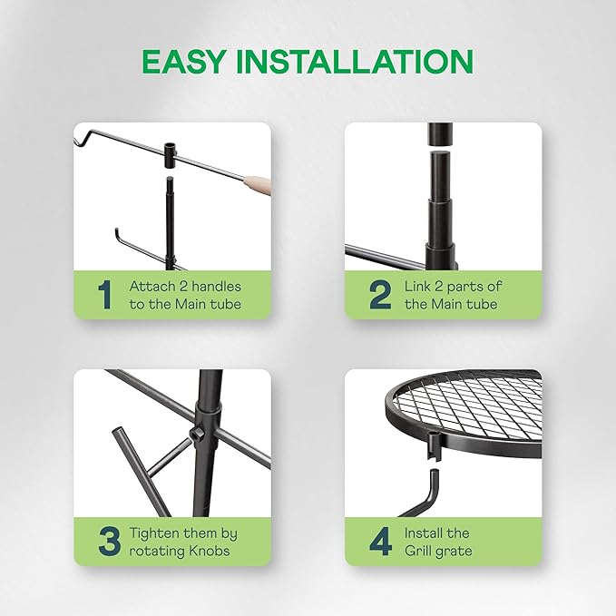 IDZO Swivel Campfire Grill – Heavy Duty Fire Pit Grill Grate, 360° Adjustable Steel Cooking Rack for Open Fire, Portable Outdoor BBQ Campfire Grate for Camping, Hiking, Backyard & Survival Cooking