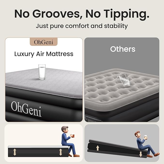 OhGeni 18" Luxury Full Air Mattress with Built-in Pump, Inflatable Bed with Silk Foam Topper for Superior Comfort, Premium Blow-Up Mattress for Home, Camping & Guests, Easy Setup, Extra Support, Black