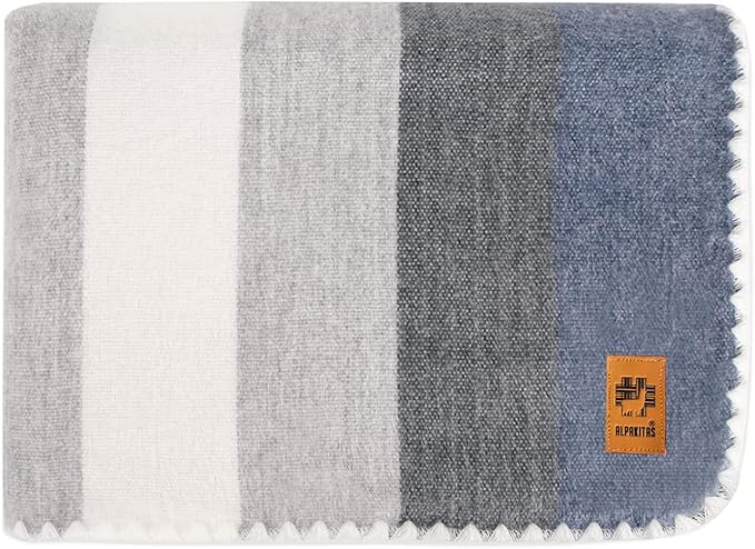 ALPAKITAS Alpaca Wool Blanket Throw | Large, Beautiful, Warm, Stripes | 64 x 45 inches | Ultra-Soft, Hypoallergenic and Breathable | Non-Itchy or Scratchy (Gray and Blue)