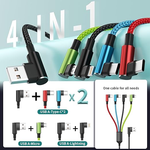 Travel Vacation Essentials Multi Charging Cable, Right Angle 4 in 1 Charging Cable, Long Phone Charger Cords with IP/Type C/Type C/Micro Port, Compatible with Most Cell Phones and More （1Pack 5FT）