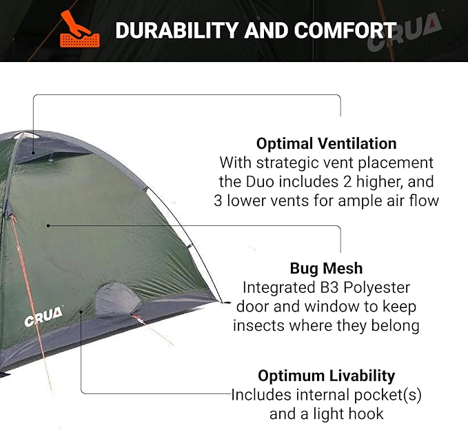 Crua Duo Outdoor Camping Tent – 2 Person Tent for Camping, Easy Pop-up Assembly, Lightweight and Waterproof Outdoor Gear for Hiking Backpacking, Weather Resistant