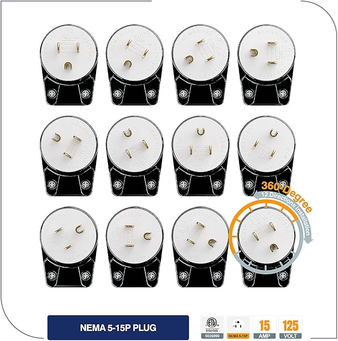ETL Listed 90 Degree USA Canada Male Plug Nema 5-15P 3 Pole Angle DIY, 15A 125V USA 3Pin Right Angle AC Plug, Nema 5-15P Angled Rewireable
